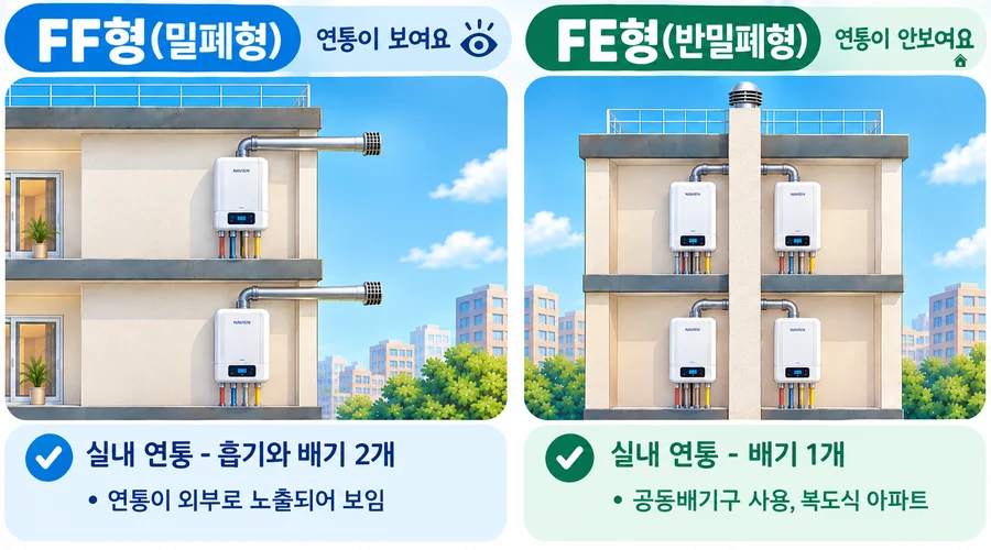 FF형(밀폐형)은 실내 연통이 흡기·배기 2개로 밖에 보이고, FE형(반밀폐형)은 배기 1개로 공동 배기구에 연결됩니다